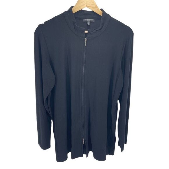 Eileen Fisher Womens Full Zip Jacket Long Sleeve Longline Black Petite Large - Picture 8 of 9